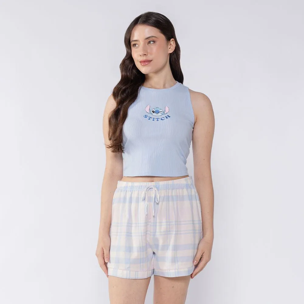 Pijama Stitch Feminino Regata Cropped Disney Azul