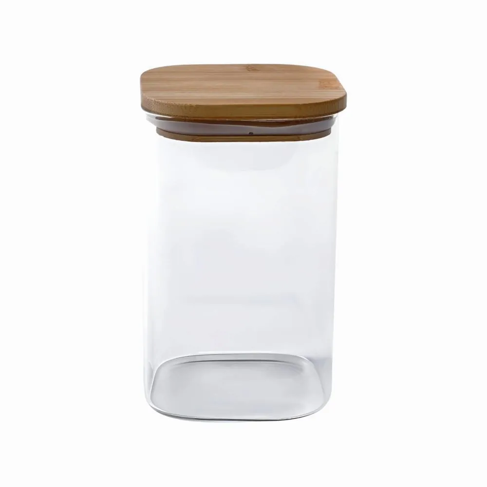 Pote de Vidro Quadrado com Tampa de Bambu 1,4L - Transparente e Bege Natural