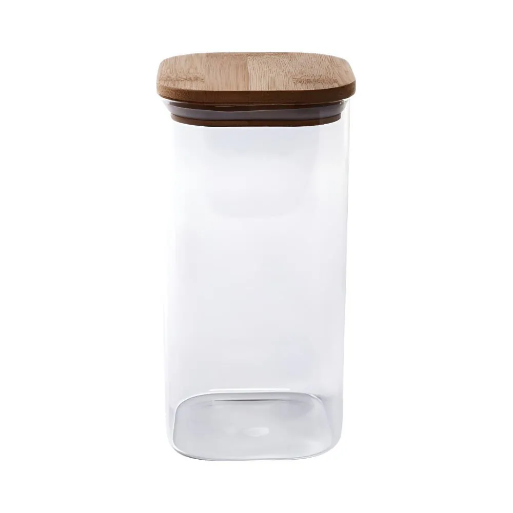 Pote de Vidro Quadrado com Tampa de Bambu 1,5L - Transparente e Bege Natural