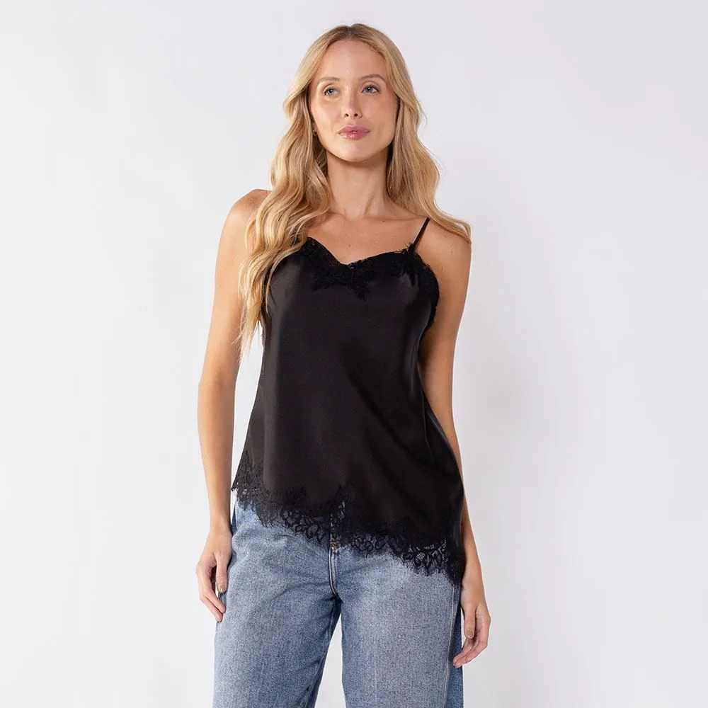 Regata Feminina de Cetim com Renda Boby Blues Preto