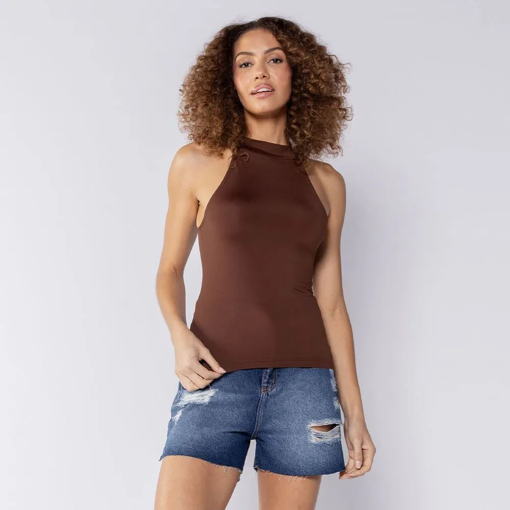 Regata Feminina Gola Alta Boby Blues Marrom