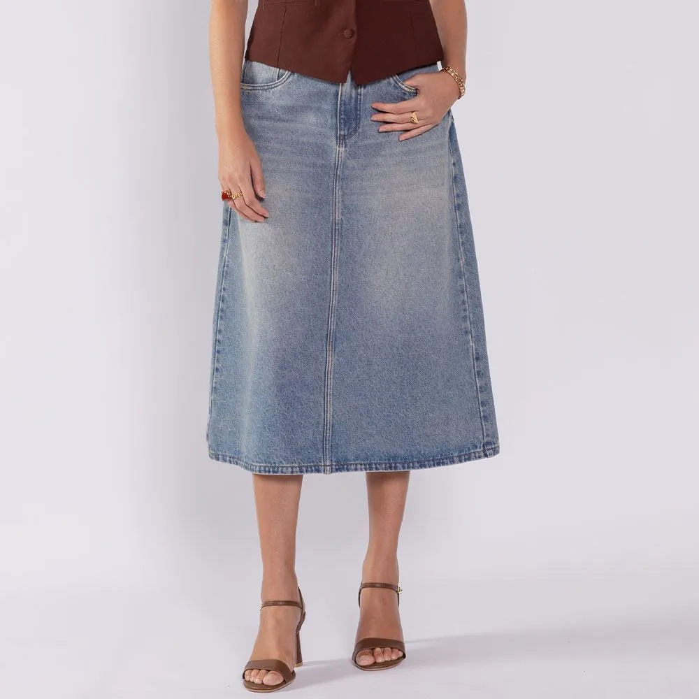 Saia Jeans Feminina Midi Evasê Boby Blues Azul Medio