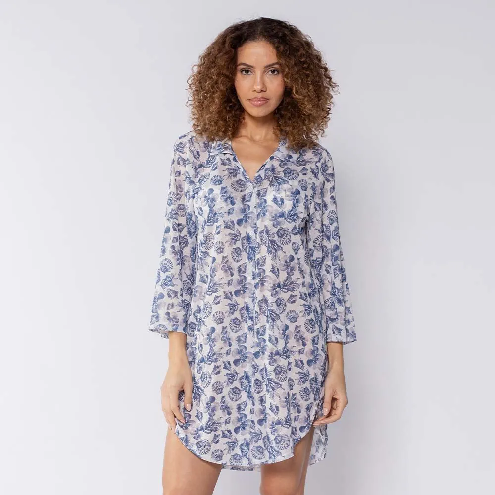 Saída de Praia Chemise Patricia Foster Azul/Branco