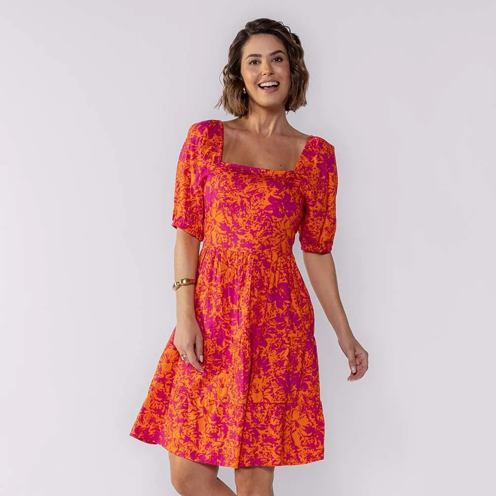 Vestido Feminino Curto com Manga Bufante Boby Blues Estampado Original