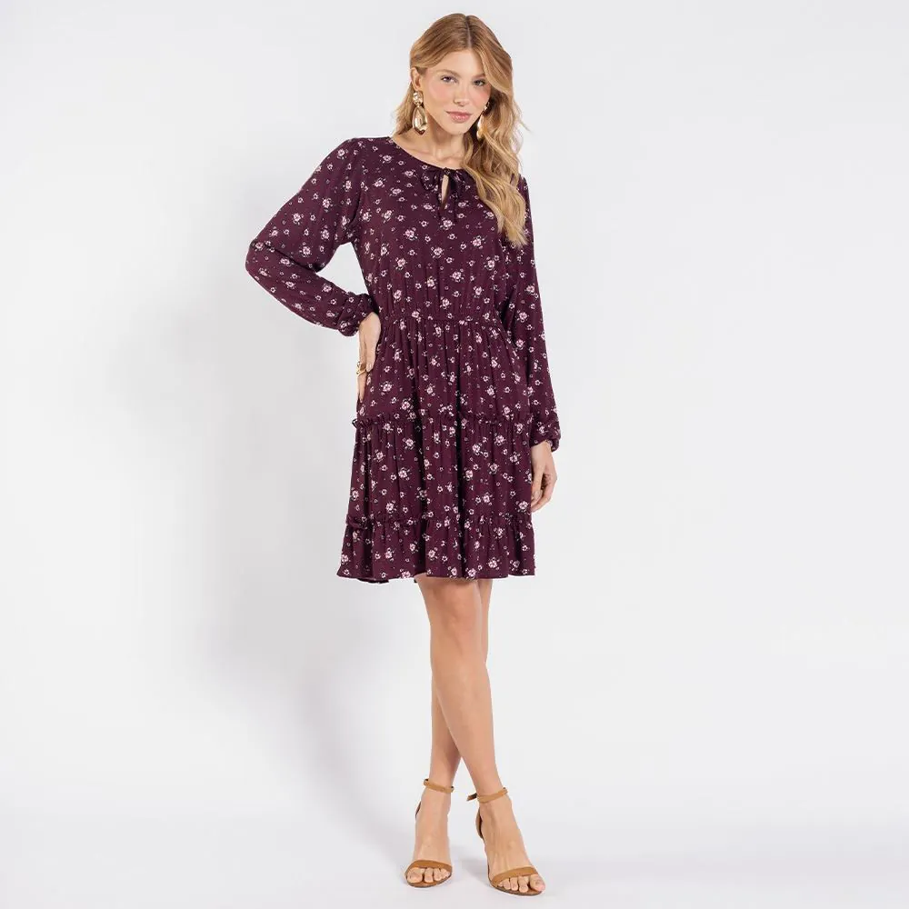 Vestido Feminino Manga Longa com Babado Boby Blues Floral
