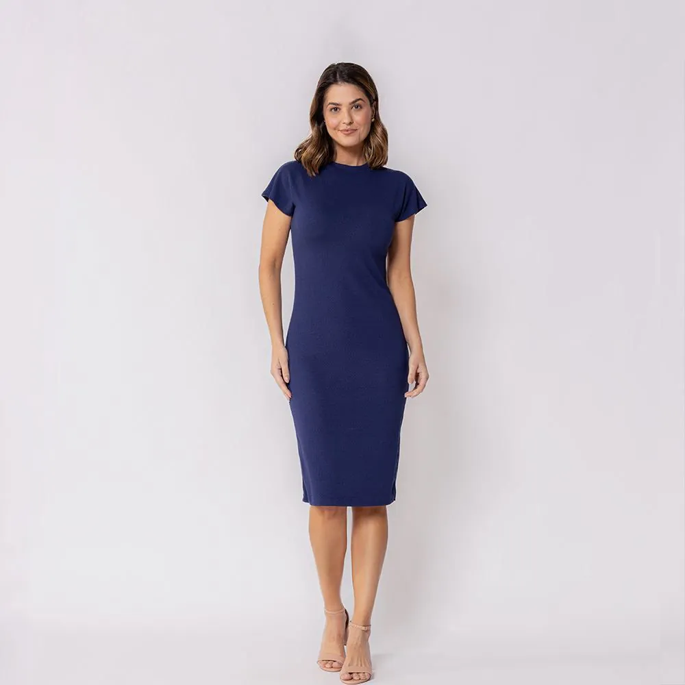 Vestido Feminino Midi com Gola Patricia Foster Azul Marinho