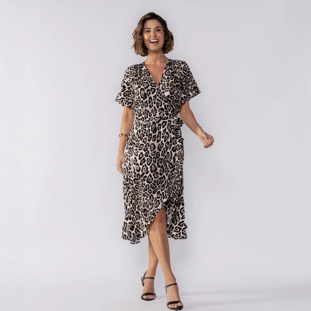 Vestido Feminino Midi Envelope Patricia Foster Onca Preta