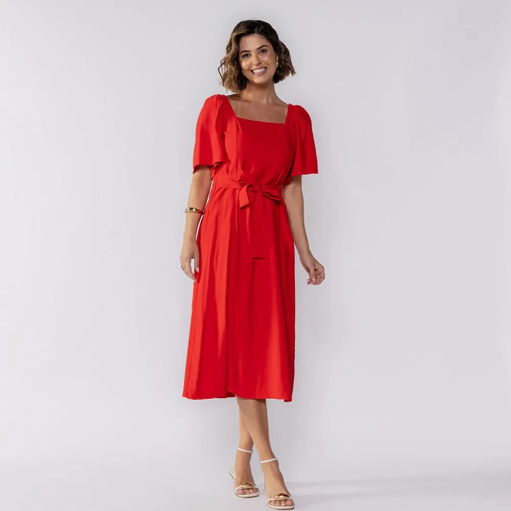Vestido Midi com Decote Quadrado Patricia Foster Vermelho