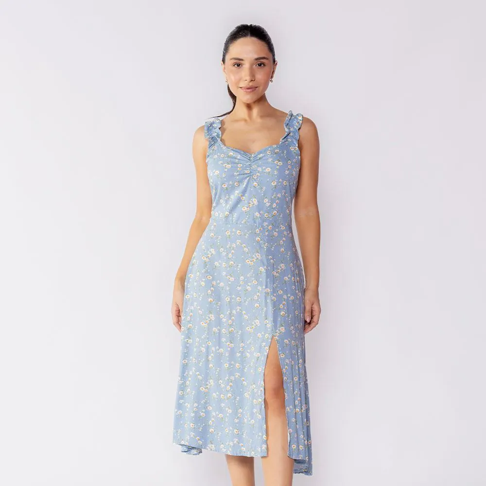 Vestido Midi Feminino com Fenda Boby Blues Floral Azul