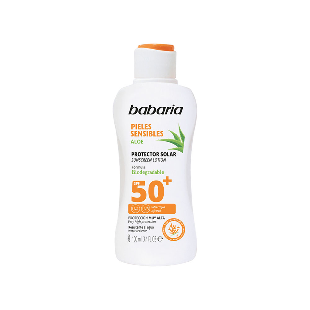 Leite Protetor Solar Babaria Aloe Pele Sensível Biodegradável SPF50 100ML
