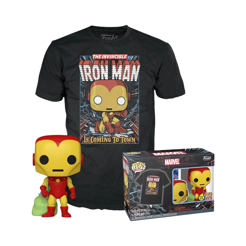 Boneco Funko Pop com Camiseta L Marvel Holiday Iron Man