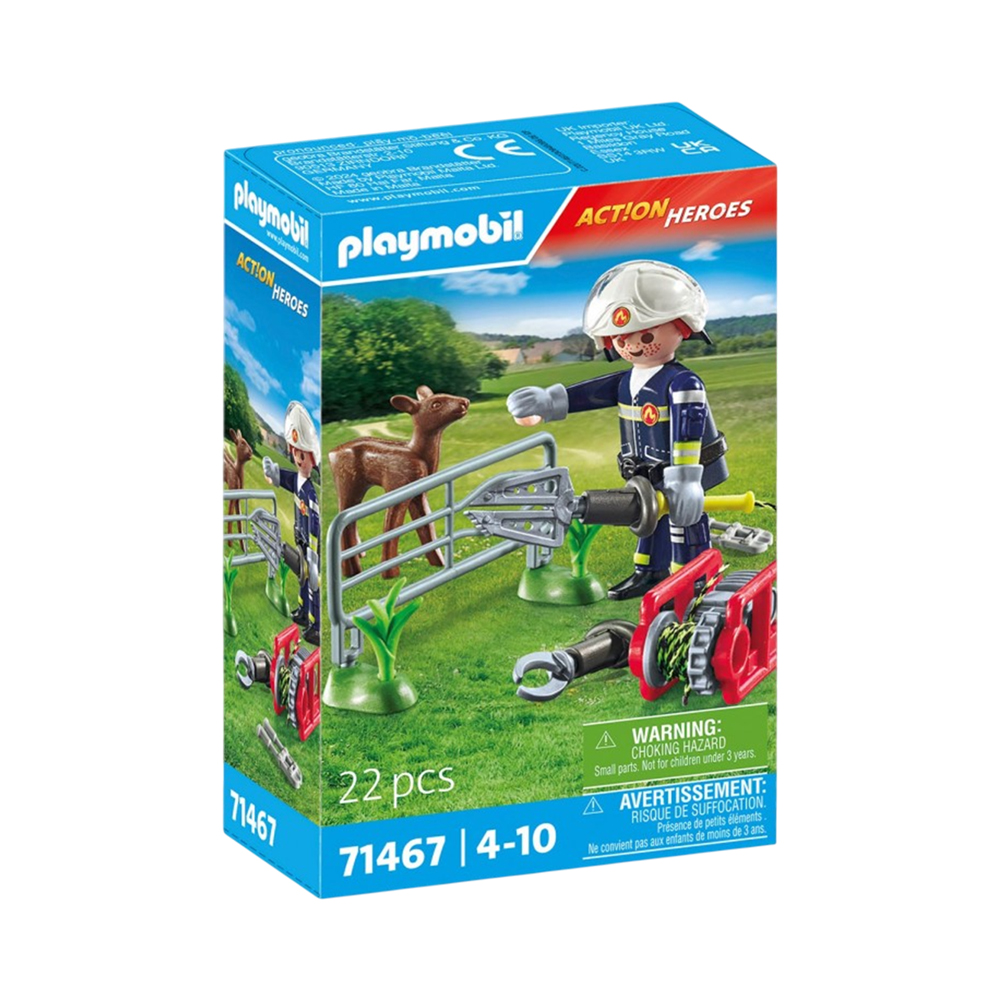 Brinquedo Playmobil Bombeiros Resgate de Animais Action Heroes 71467 22 Peças